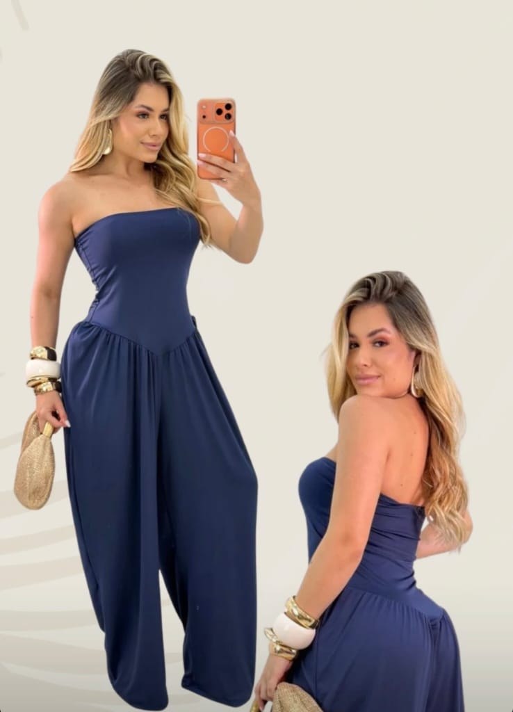 Macacão pantalona azul marinho, frente e costas